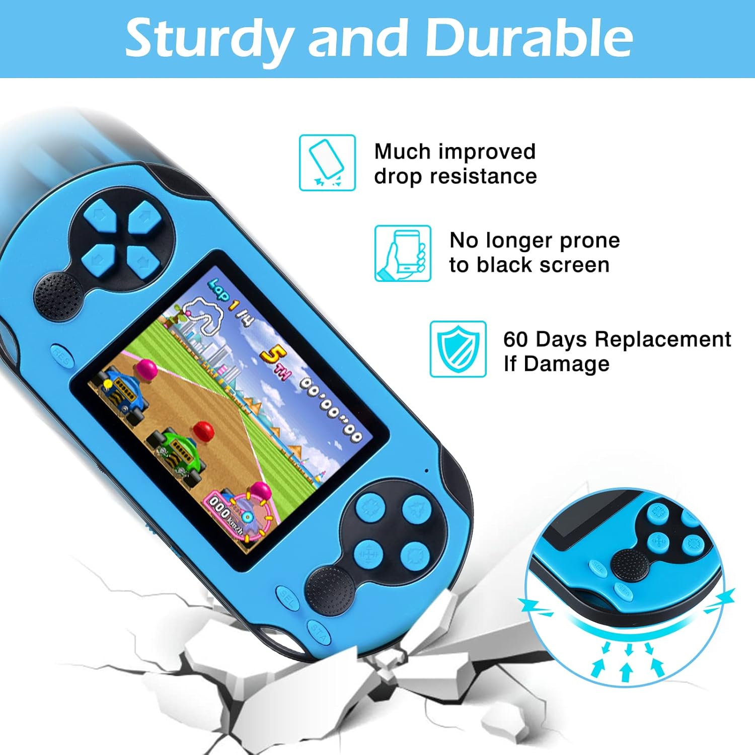 Handheld Game for Kids Adults, 3.0'' Large Screen Preloaded 230 HD Classic Retro Video Games with USB Rechargeable Battery & 3 Game Cartridges for Birthday Gift for Kids 4-12 (Blue)