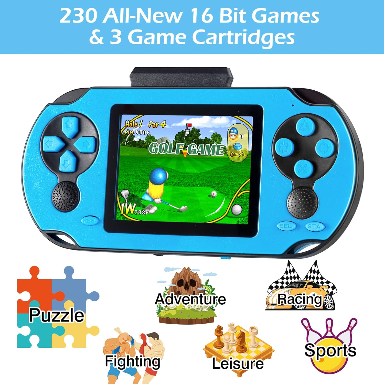 Handheld Game for Kids Adults, 3.0'' Large Screen Preloaded 230 HD Classic Retro Video Games with USB Rechargeable Battery & 3 Game Cartridges for Birthday Gift for Kids 4-12 (Blue)